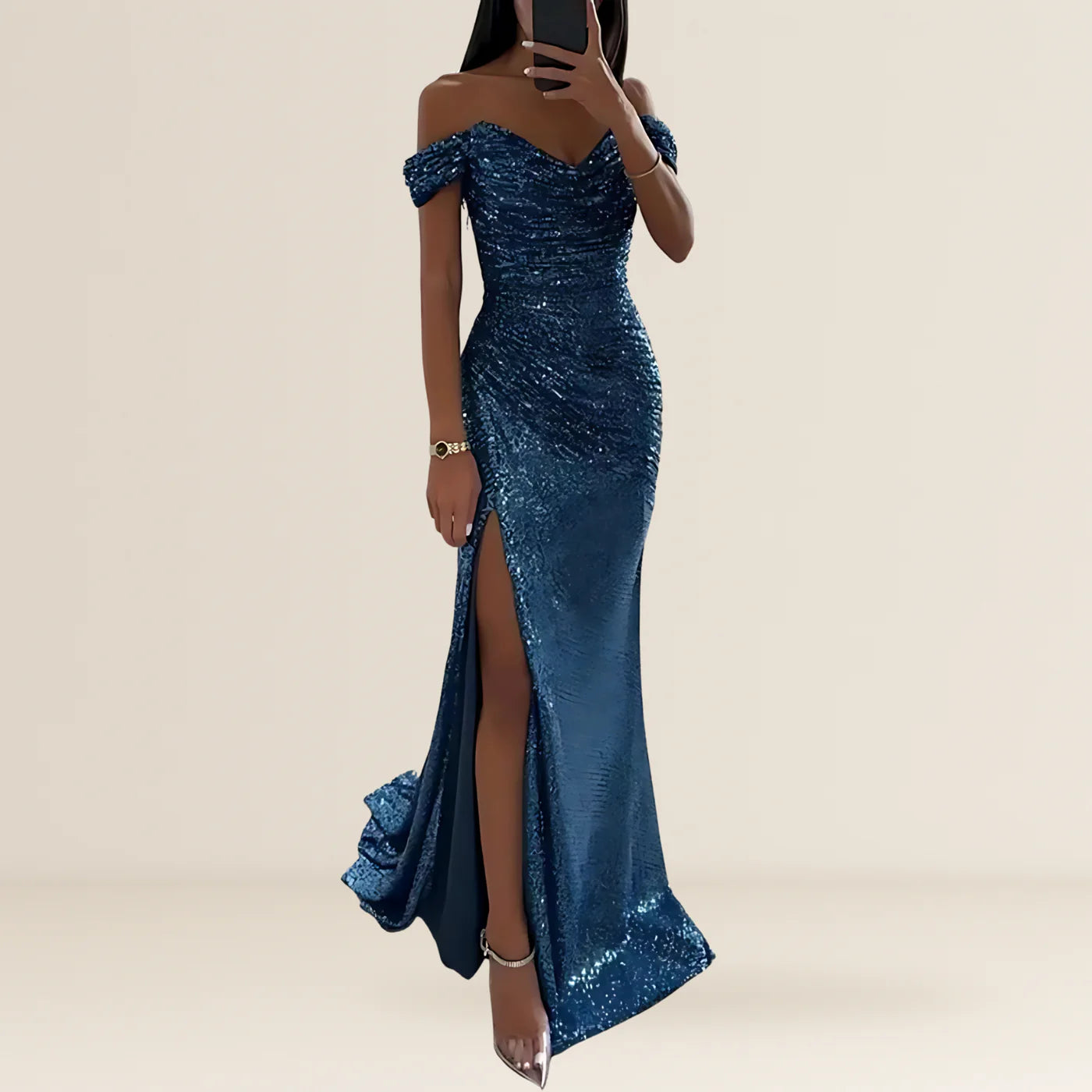 Off Shoulder Sequin Maxi Dress with Side Split