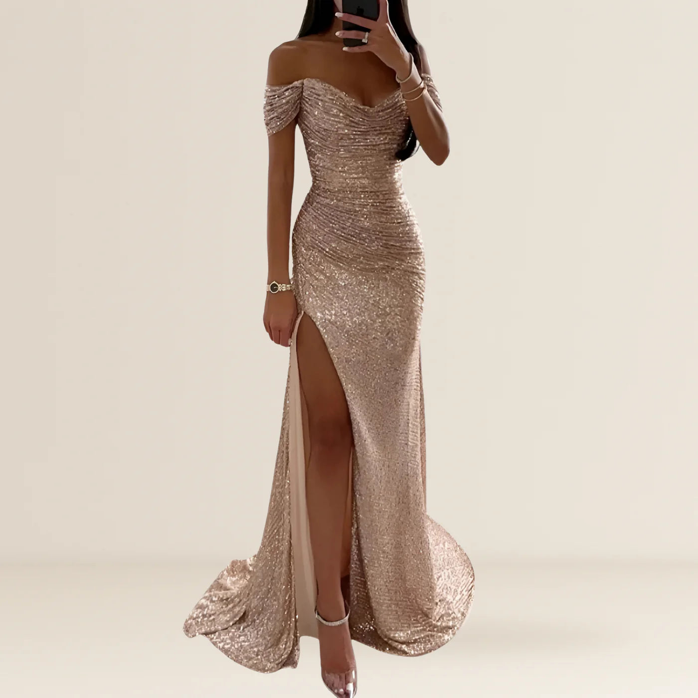 Off Shoulder Sequin Maxi Dress with Side Split