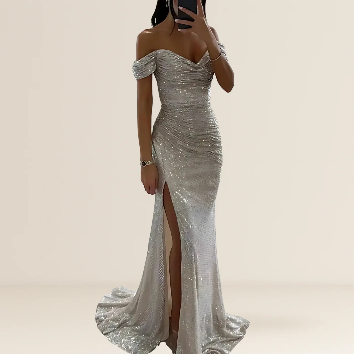 Off Shoulder Sequin Maxi Dress with Side Split