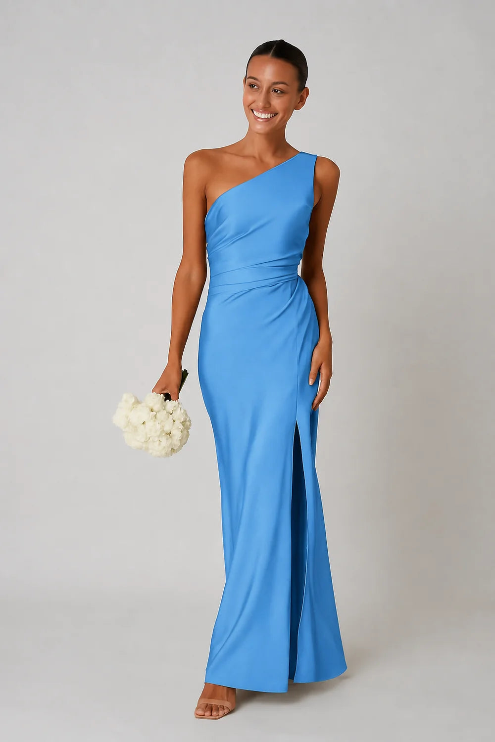 One-Shoulder Satin Look Maxi Dress with Side Split