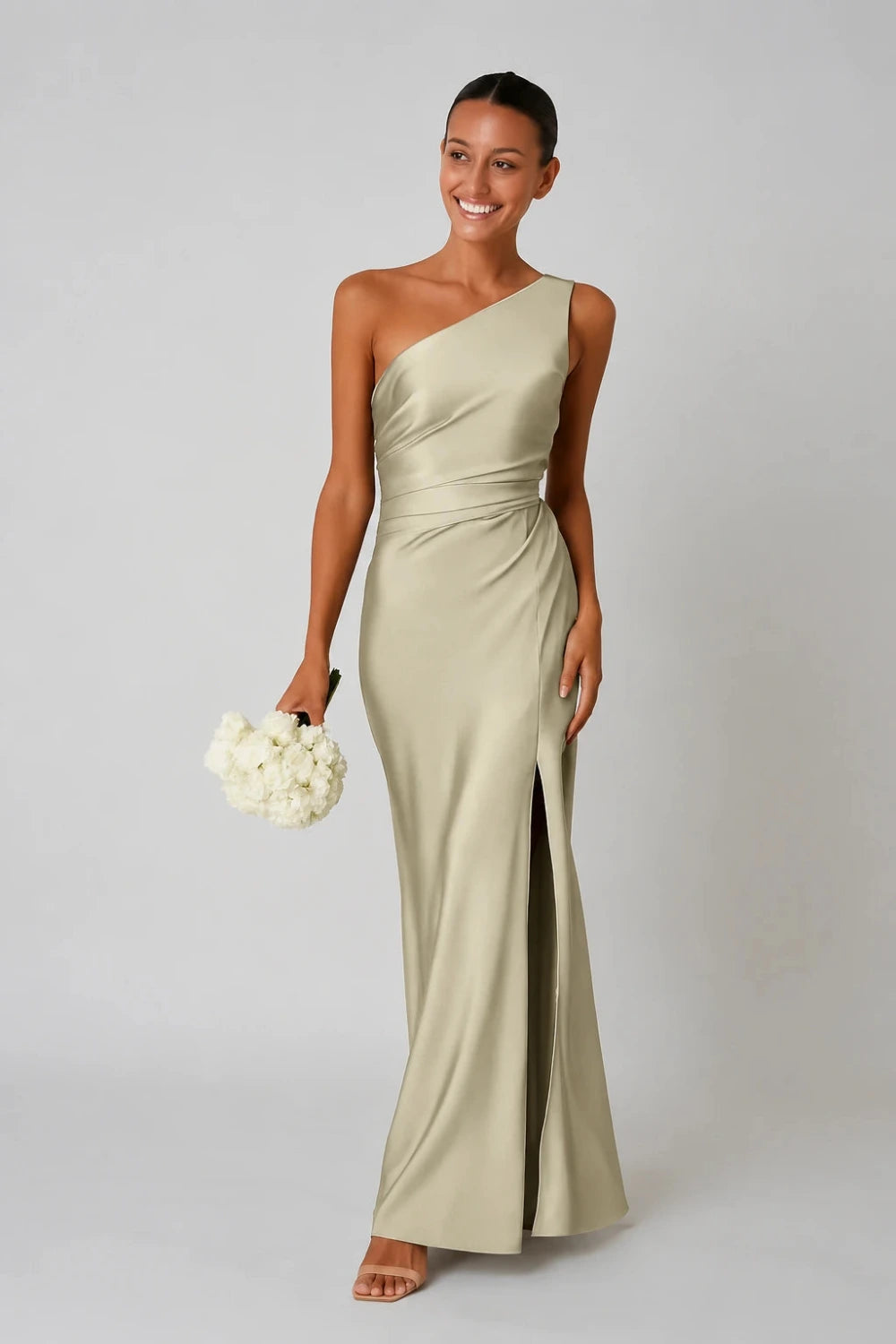 One-Shoulder Satin Look Maxi Dress with Side Split