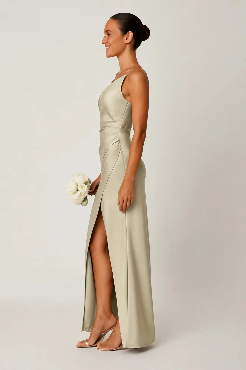 One-Shoulder Satin Look Maxi Dress with Side Split