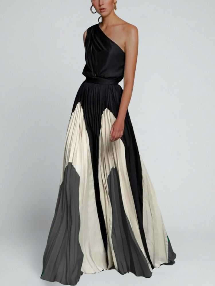 One Shoulder Maxi Dress with Pleated Skirt and Draped Detail