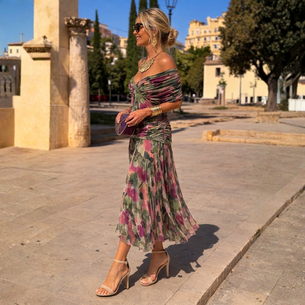 Party Dress with Ruched Bodice and Flowing Maxi Skirt