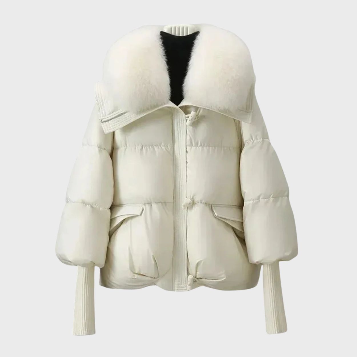 Puffer Jacket with Faux Fur Collar and Zip Closure for Women