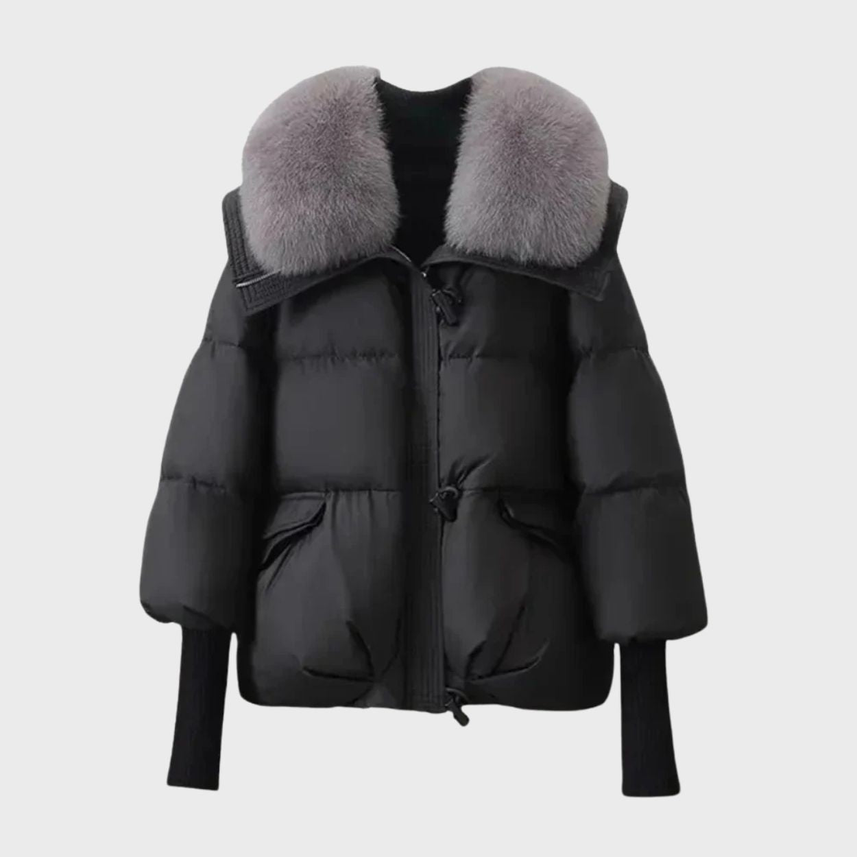 Puffer Jacket with Faux Fur Collar and Zip Closure for Women