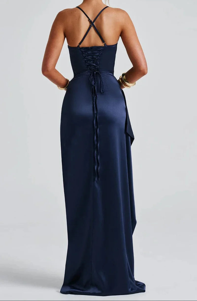 Satin Look Maxi Dress with Spaghetti Straps and Side Split