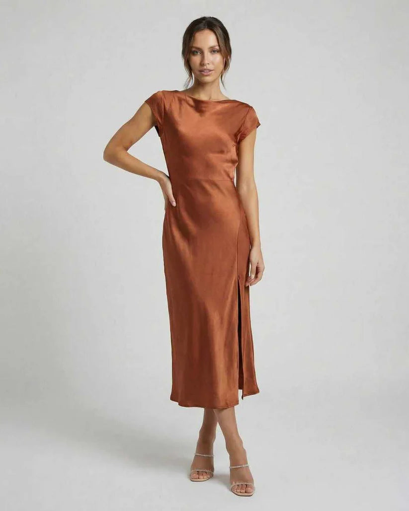 Satin Look Midi Dress with Boat Neck and Side Split