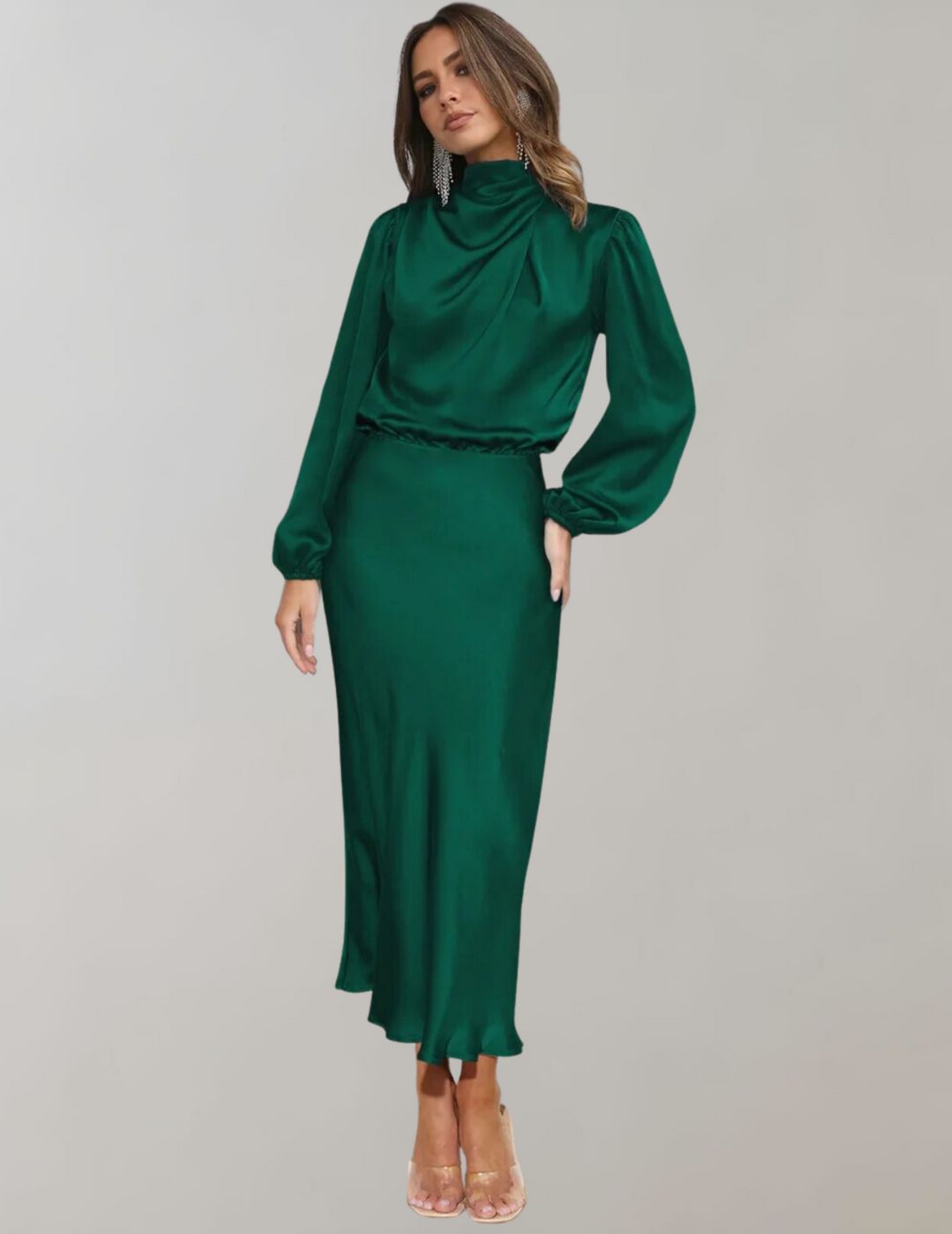 Satin Look Midi Dress with High Neck and Long Sleeves