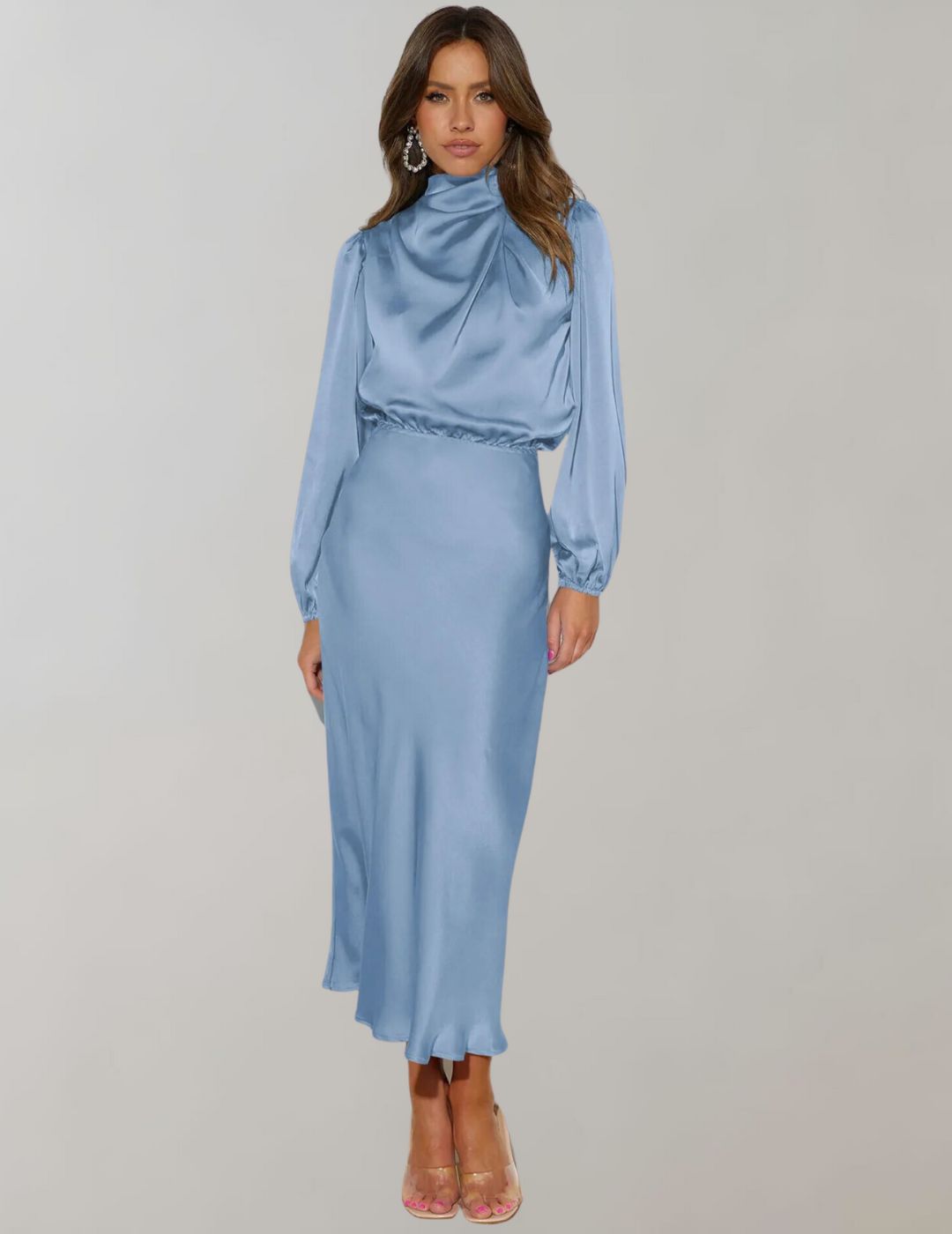 Satin Look Midi Dress with High Neck and Long Sleeves