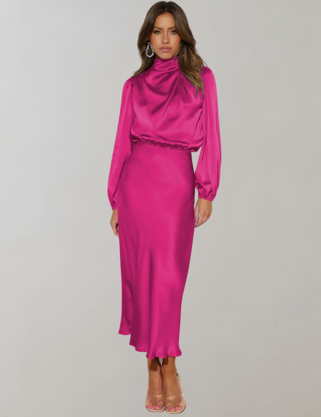 Satin Look Midi Dress with High Neck and Long Sleeves