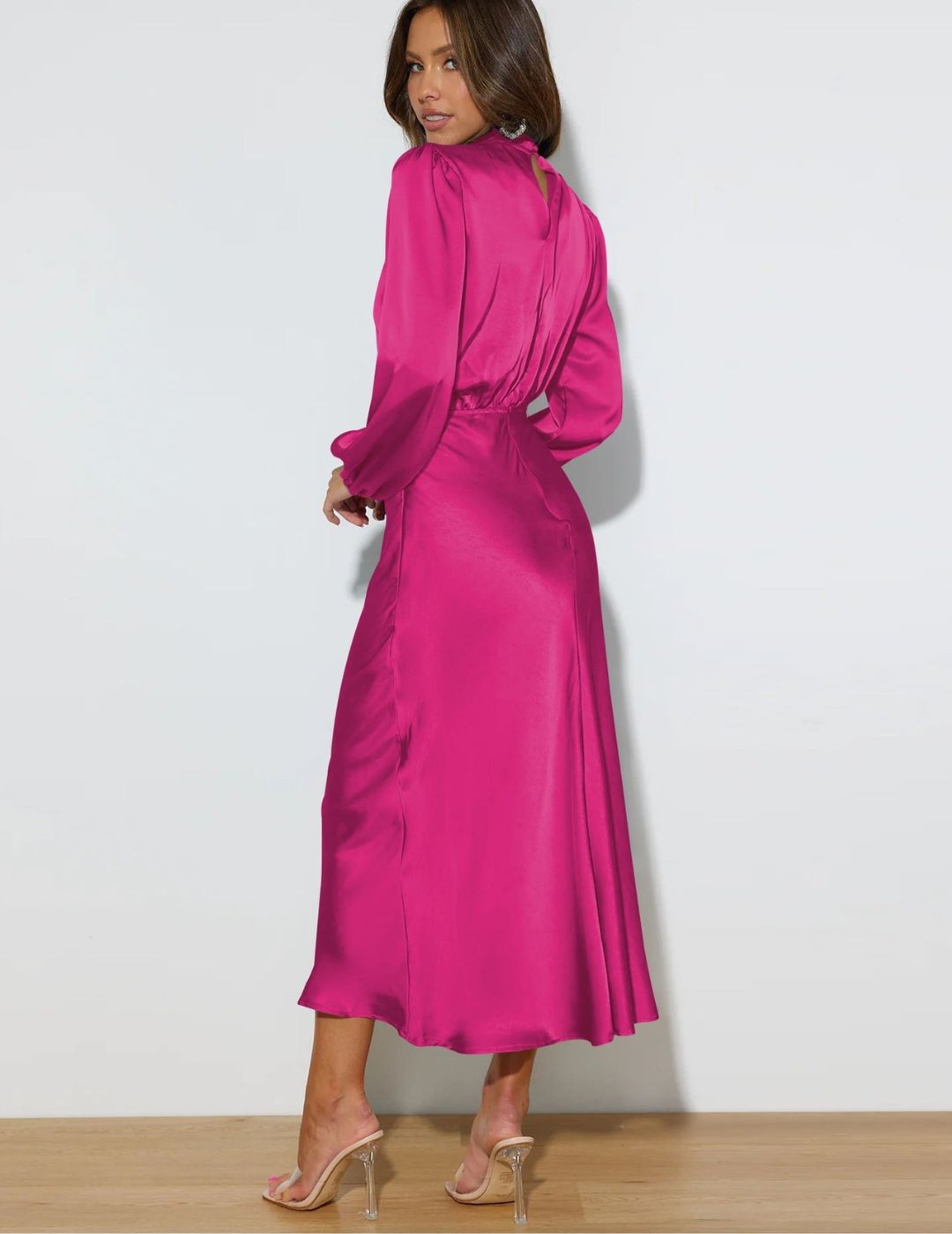 Satin Look Midi Dress with High Neck and Long Sleeves