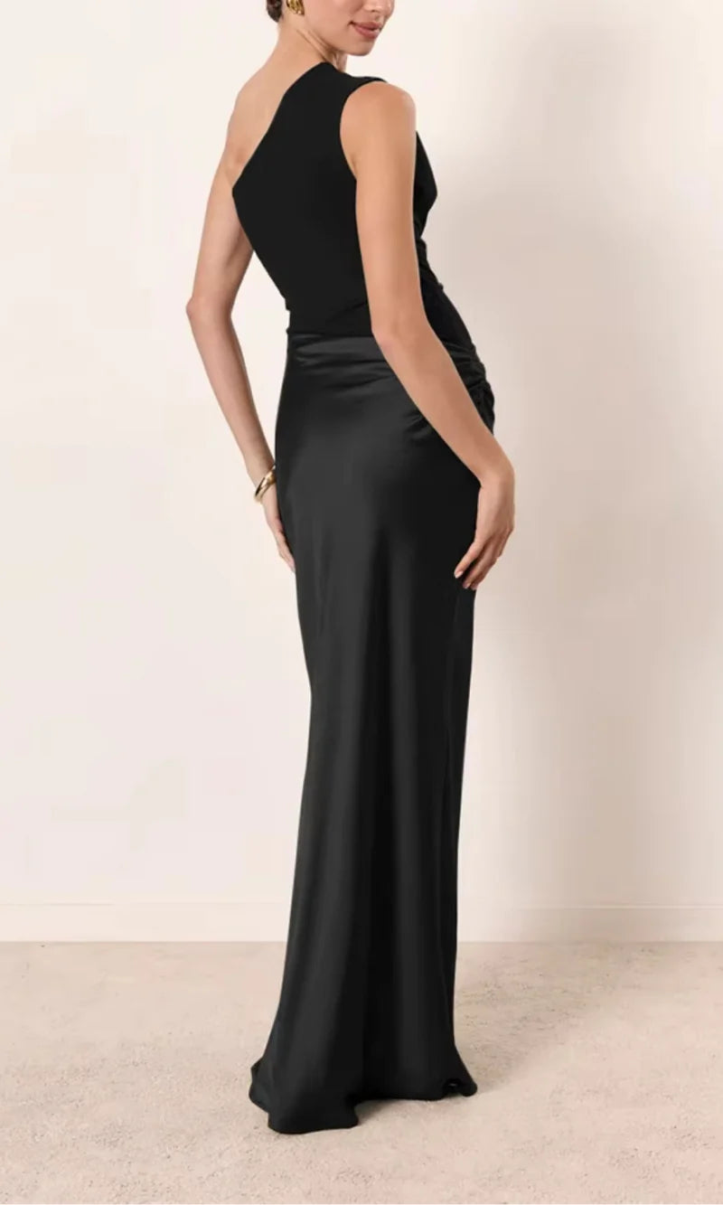 Satin Look One Shoulder Maxi Dress with Draped Detail