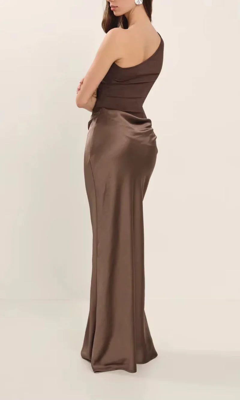 Satin Look One Shoulder Maxi Dress with Draped Detail