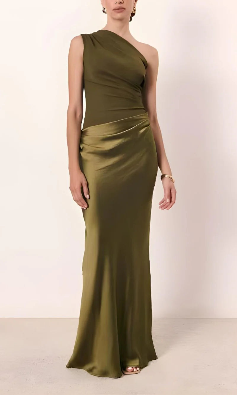 Satin Look One Shoulder Maxi Dress with Draped Detail