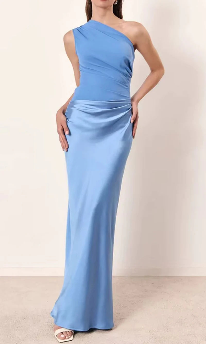 Satin Look One Shoulder Maxi Dress with Draped Detail