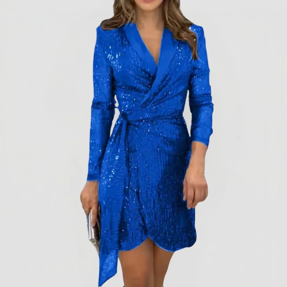 Sequin Blazer Dress with Lapel Collar and Tie Waist