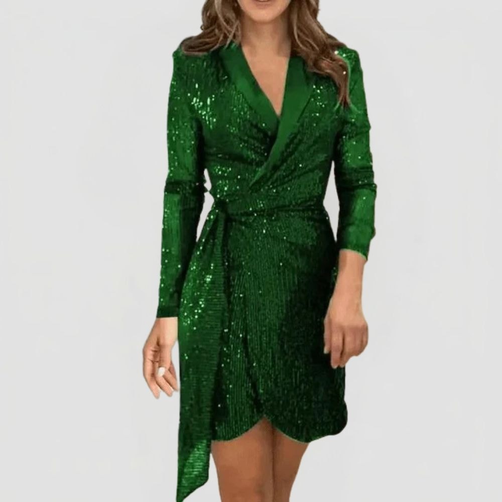 Sequin Blazer Dress with Lapel Collar and Tie Waist
