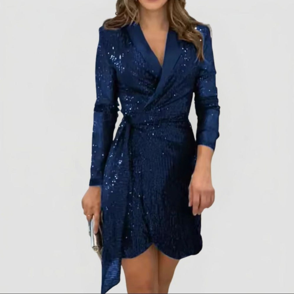 Sequin Blazer Dress with Lapel Collar and Tie Waist