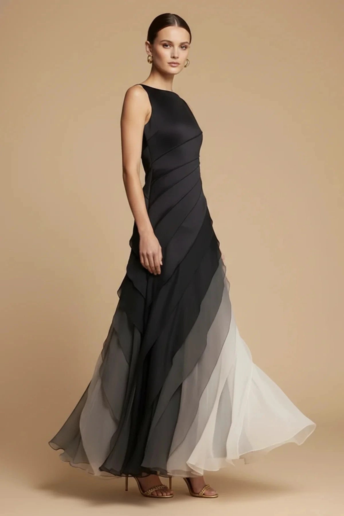 Sleeveless Maxi Dress with Boat Neck and Ombre Chiffon Skirt