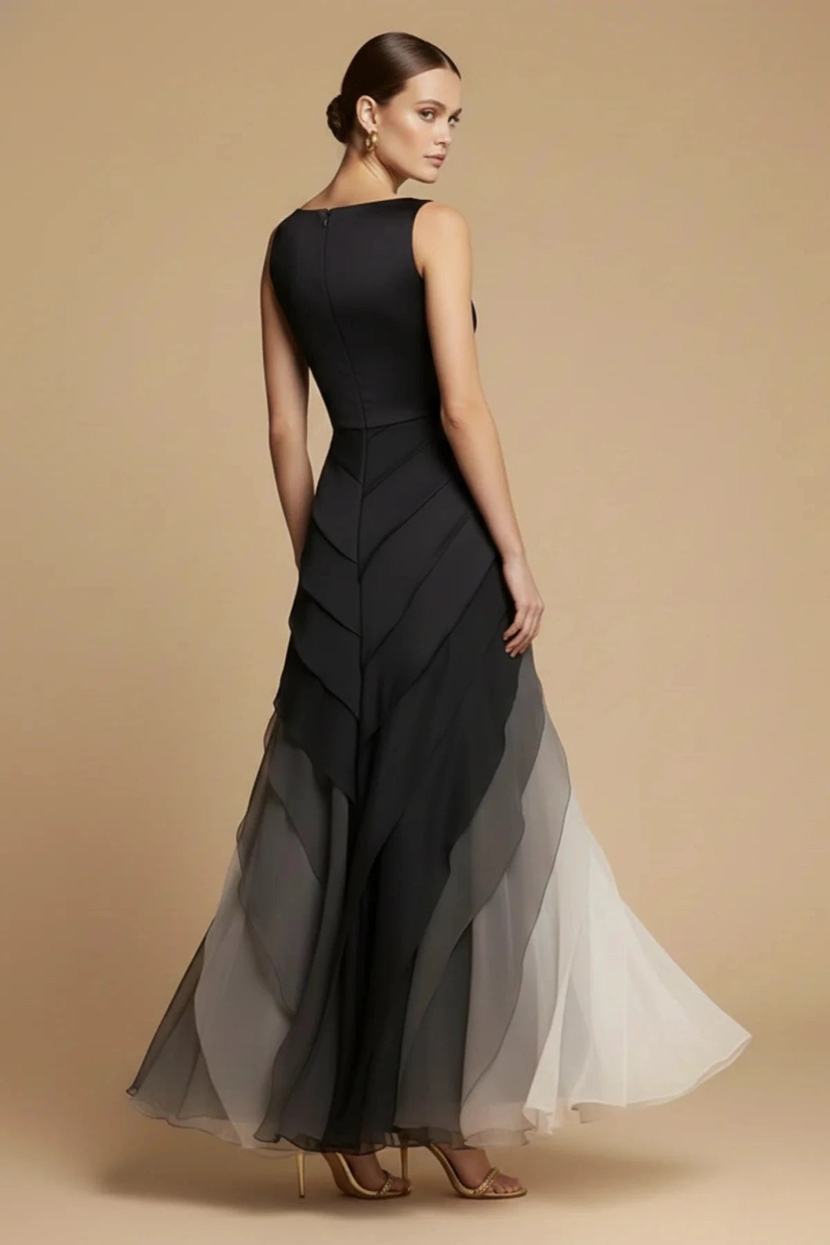 Sleeveless Maxi Dress with Boat Neck and Ombre Chiffon Skirt