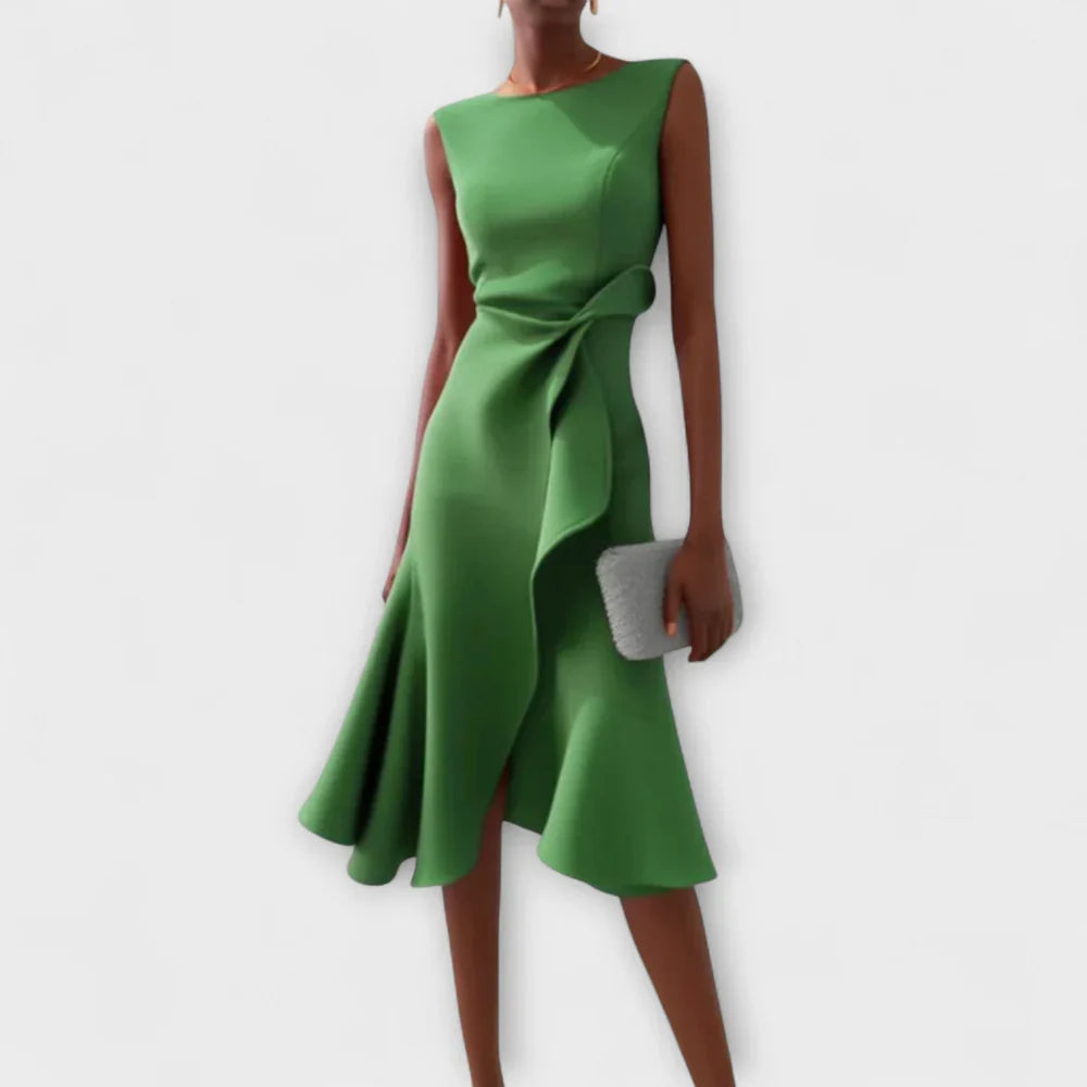 Sleeveless Midi Dress with Asymmetric Draped Detail and Ruffle Hem