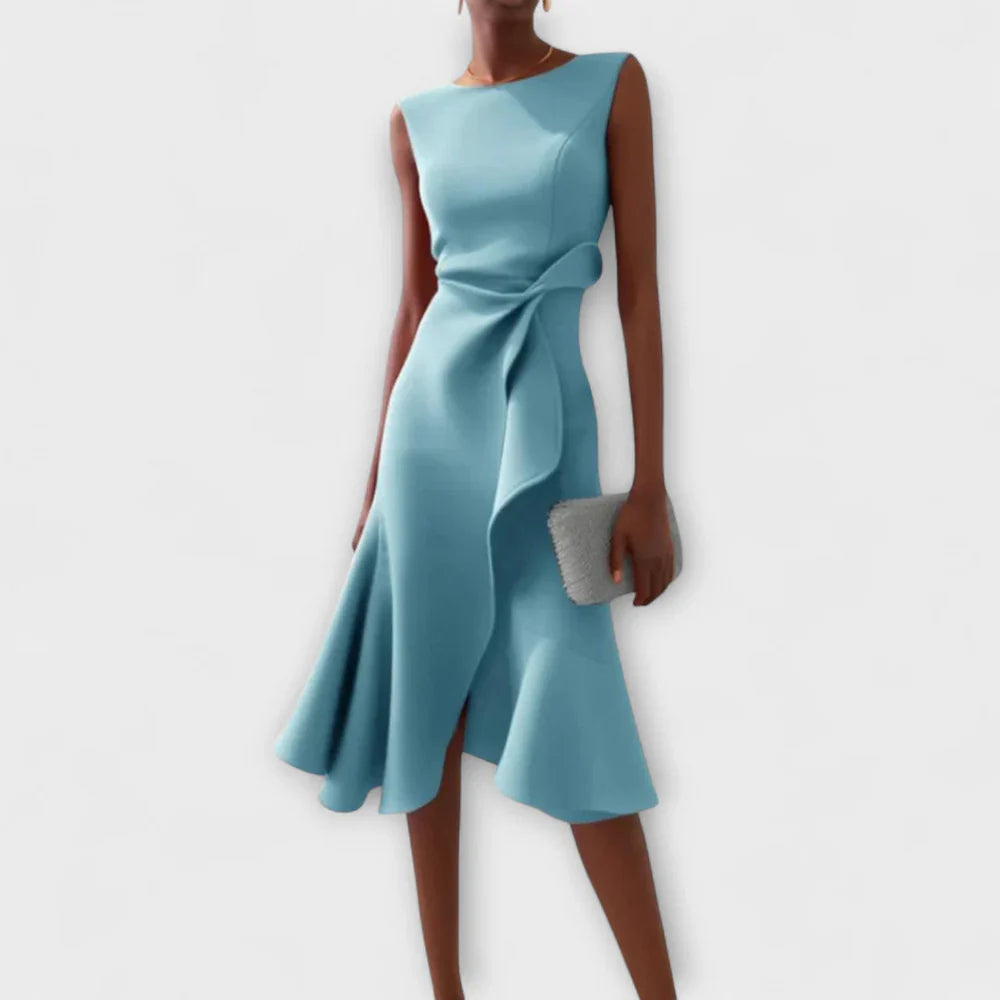 Sleeveless Midi Dress with Asymmetric Draped Detail and Ruffle Hem