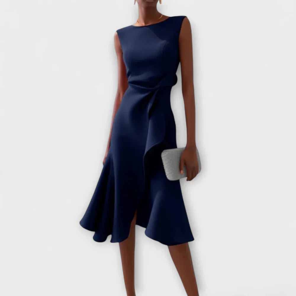 Sleeveless Midi Dress with Asymmetric Draped Detail and Ruffle Hem