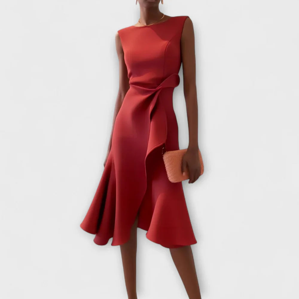 Sleeveless Midi Dress with Asymmetric Draped Detail and Ruffle Hem