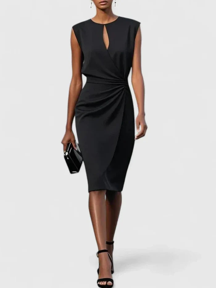Sleeveless Midi Dress with Draped Waist and Asymmetric Hem