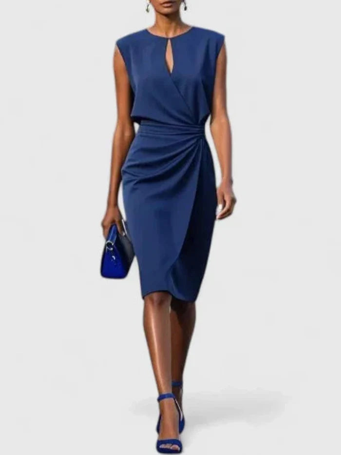 Sleeveless Midi Dress with Draped Waist and Asymmetric Hem