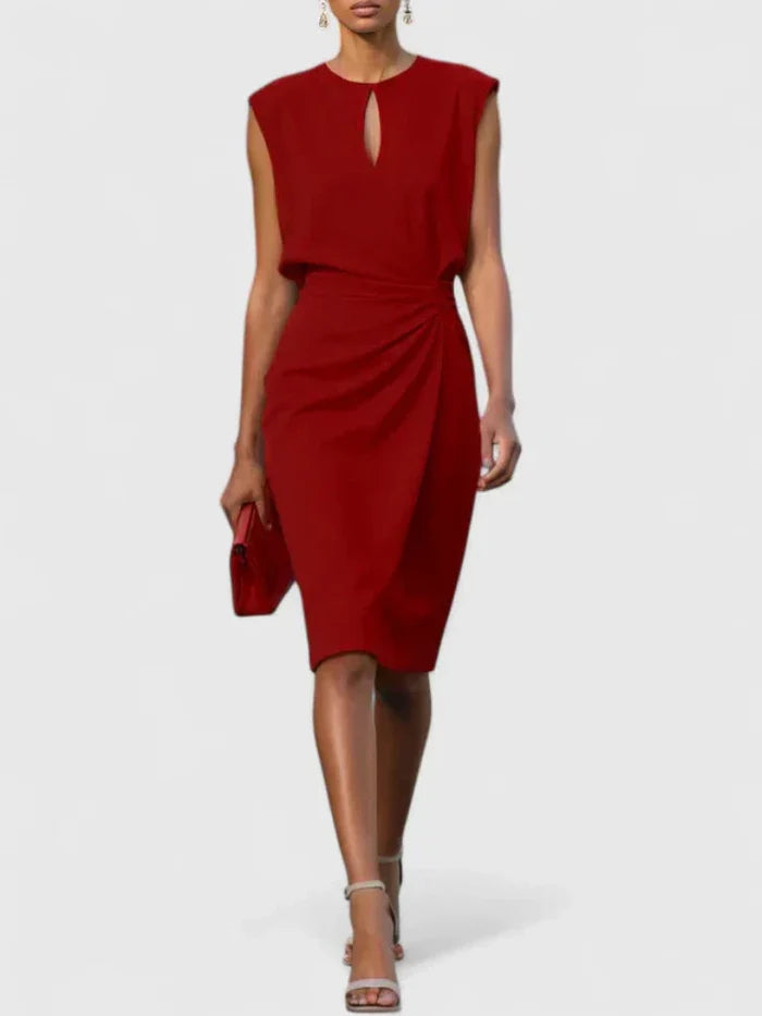 Sleeveless Midi Dress with Draped Waist and Asymmetric Hem