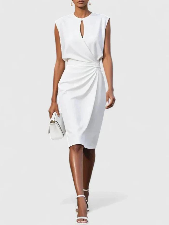 Sleeveless Midi Dress with Draped Waist and Asymmetric Hem