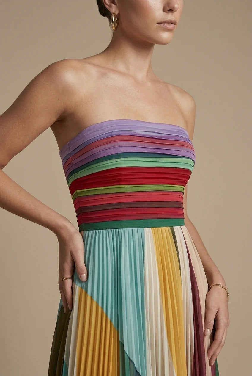 Strapless Maxi Dress with Smocked Bodice and Multicolour Stripe Pleated Skirt