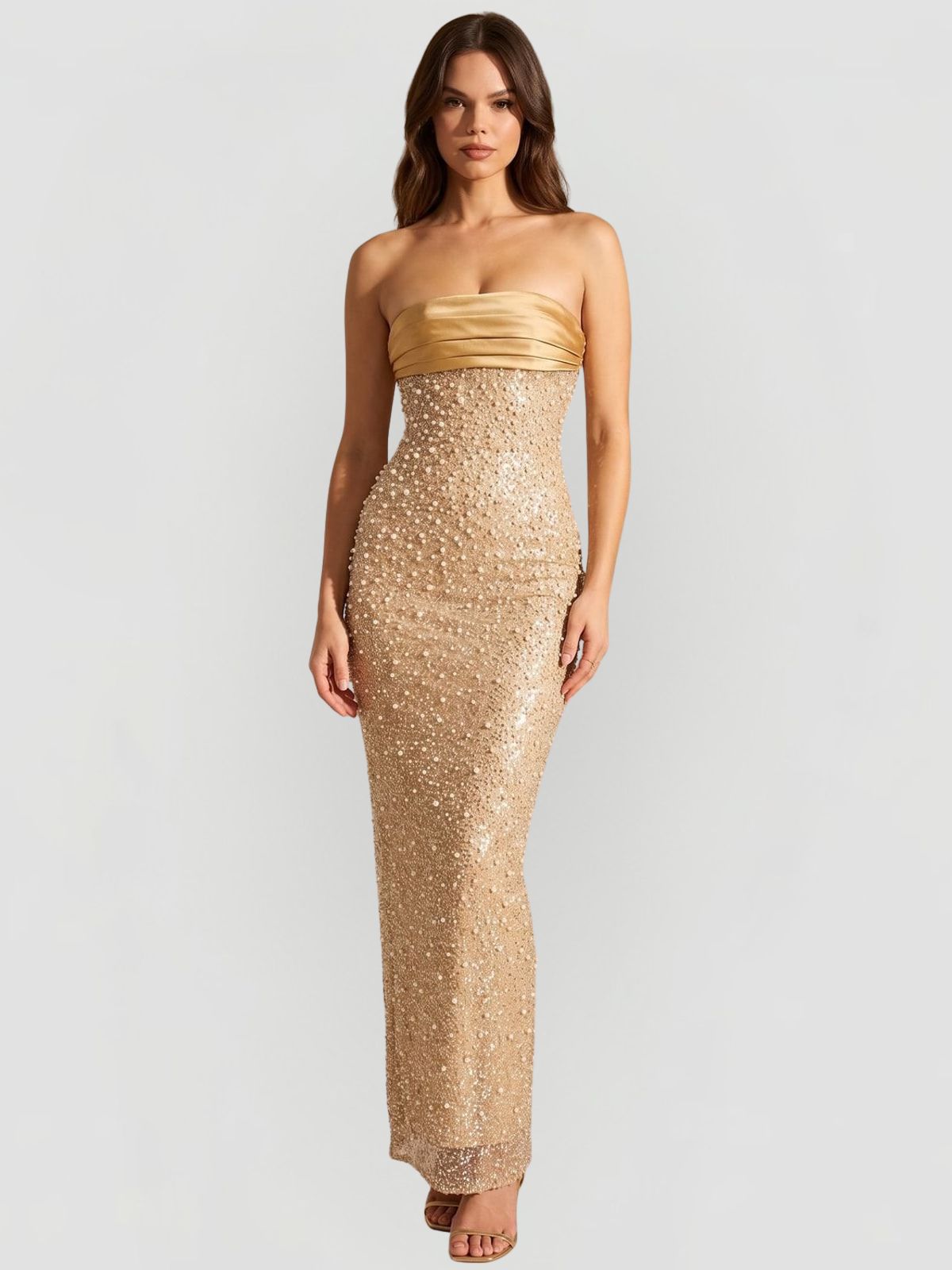 Strapless Sequin Maxi Dress with Pearl Detail and Back Slit