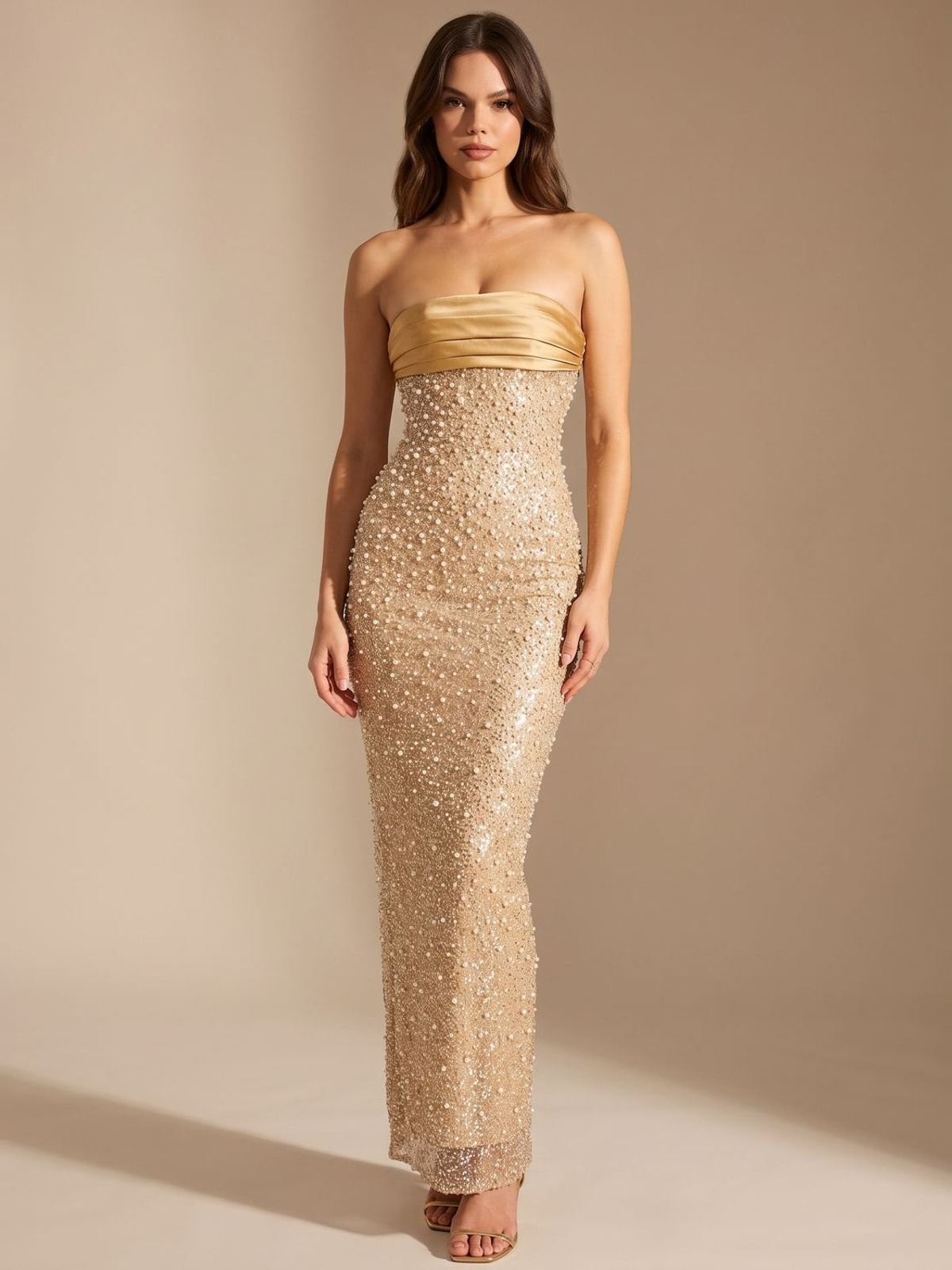 Strapless Sequin Maxi Dress with Pearl Detail and Back Slit