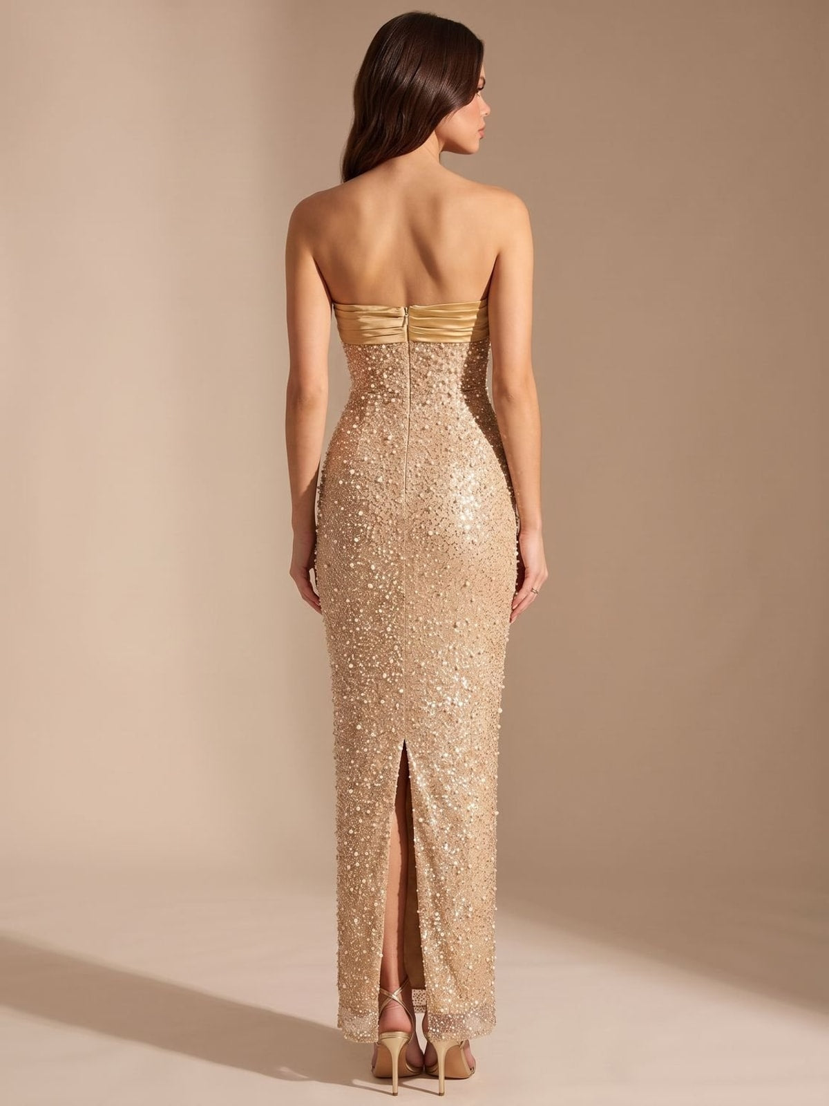 Strapless Sequin Maxi Dress with Pearl Detail and Back Slit