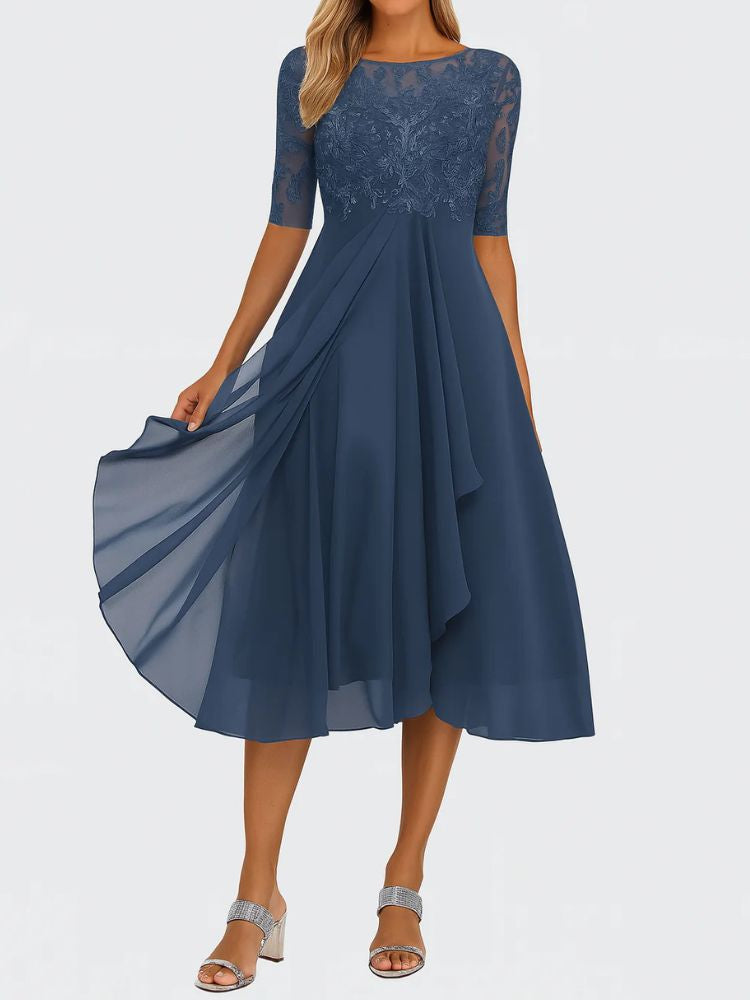 Summer Midi Dress with Short Sleeves and Chiffon Skirt
