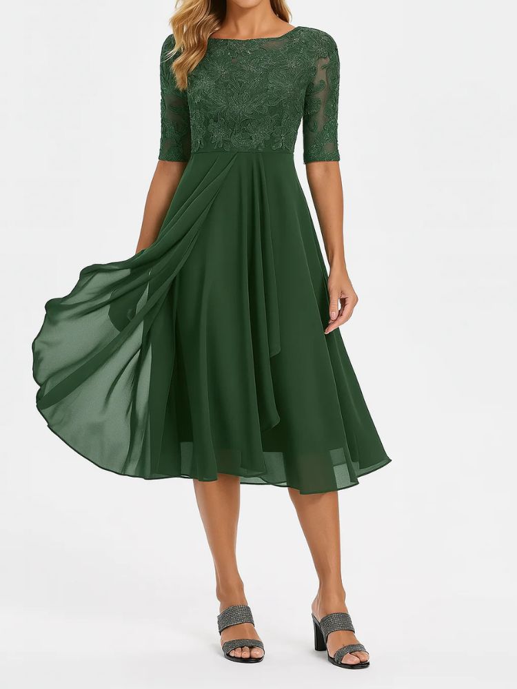 Summer Midi Dress with Short Sleeves and Chiffon Skirt