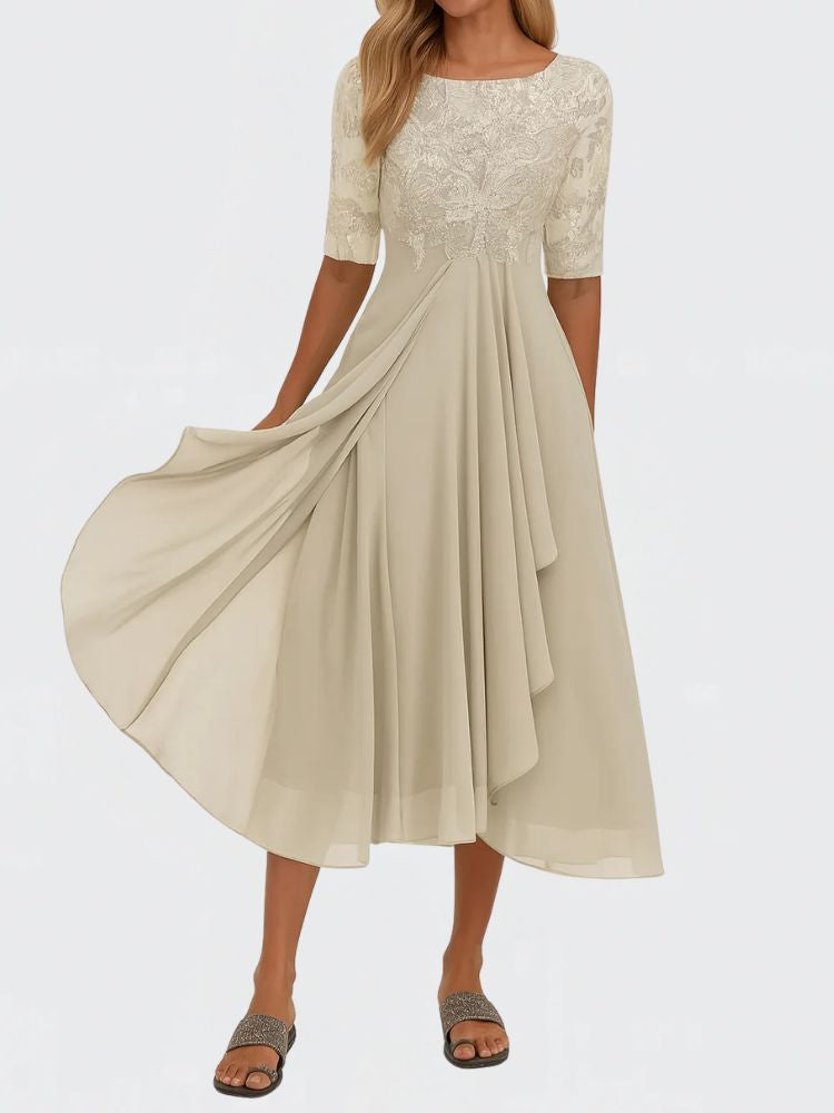 Summer Midi Dress with Short Sleeves and Chiffon Skirt
