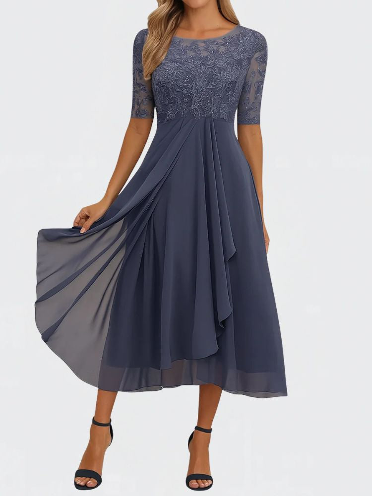Summer Midi Dress with Short Sleeves and Chiffon Skirt