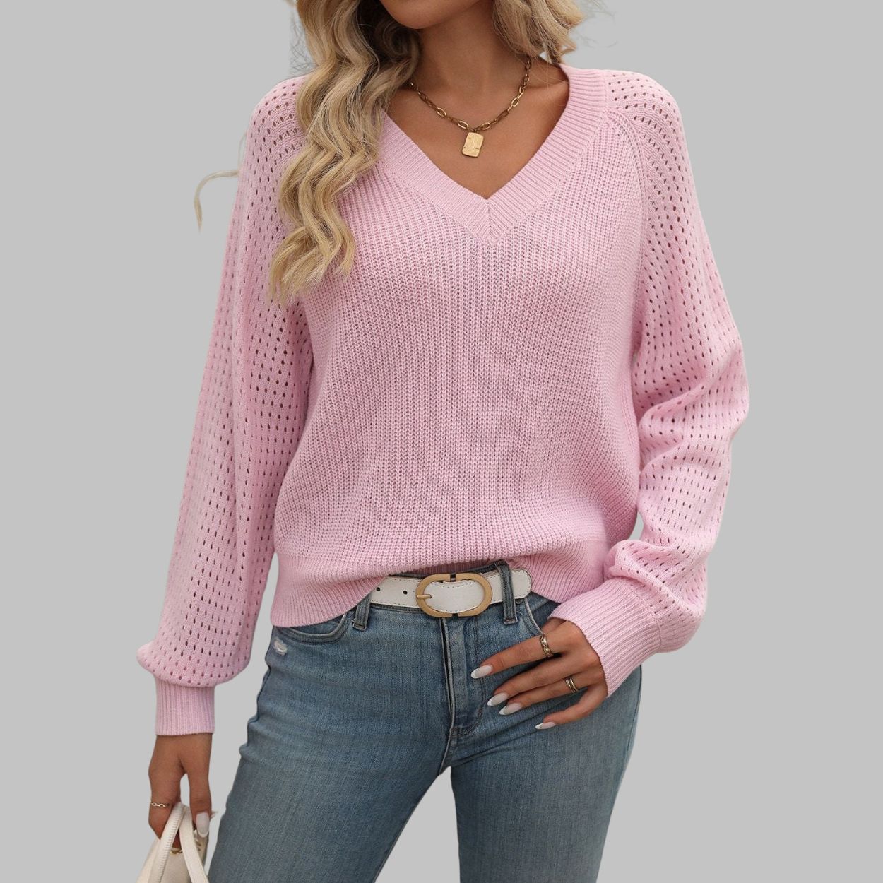 V-Neck Knit Jumper with Long Sleeves for Women