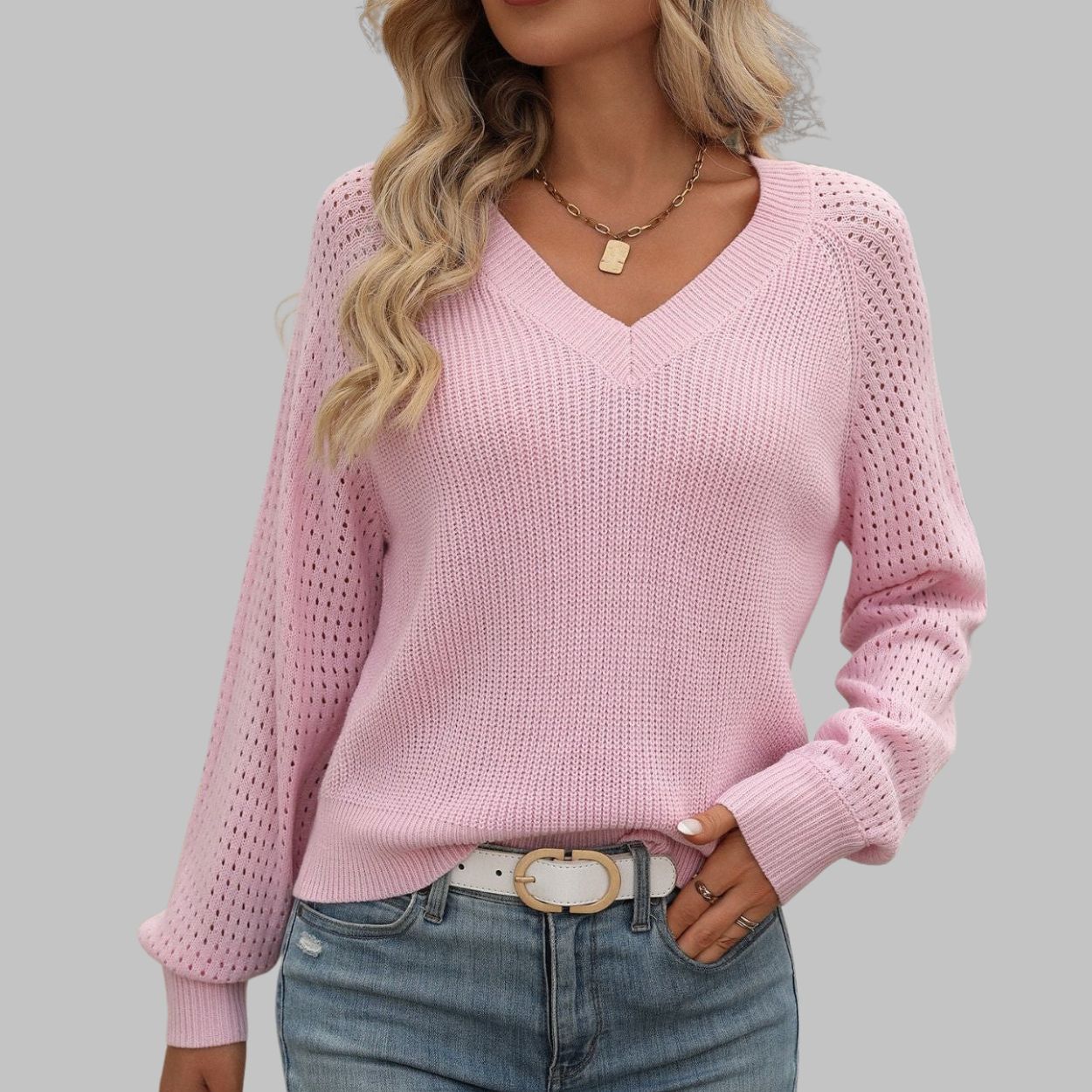 V-Neck Knit Jumper with Long Sleeves for Women