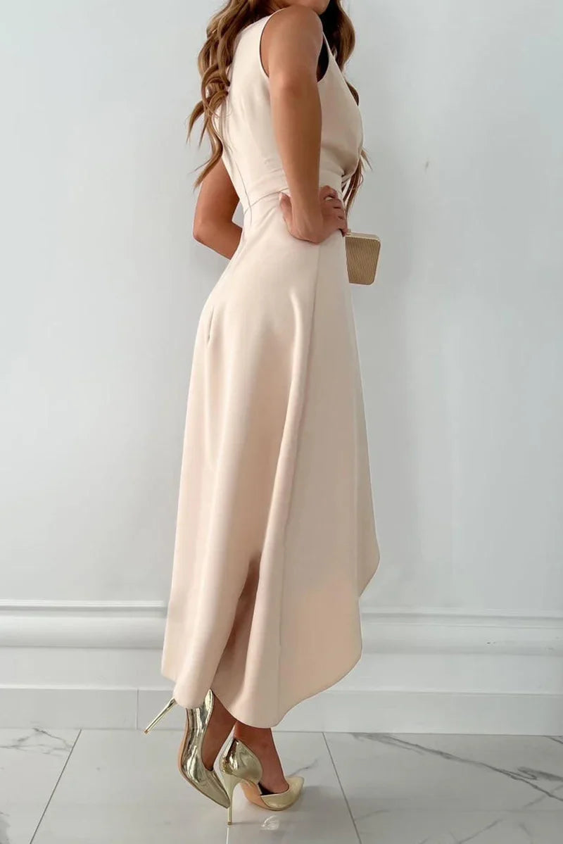 V-Neck Maxi Dress with Wrap Detail and Asymmetric Hem