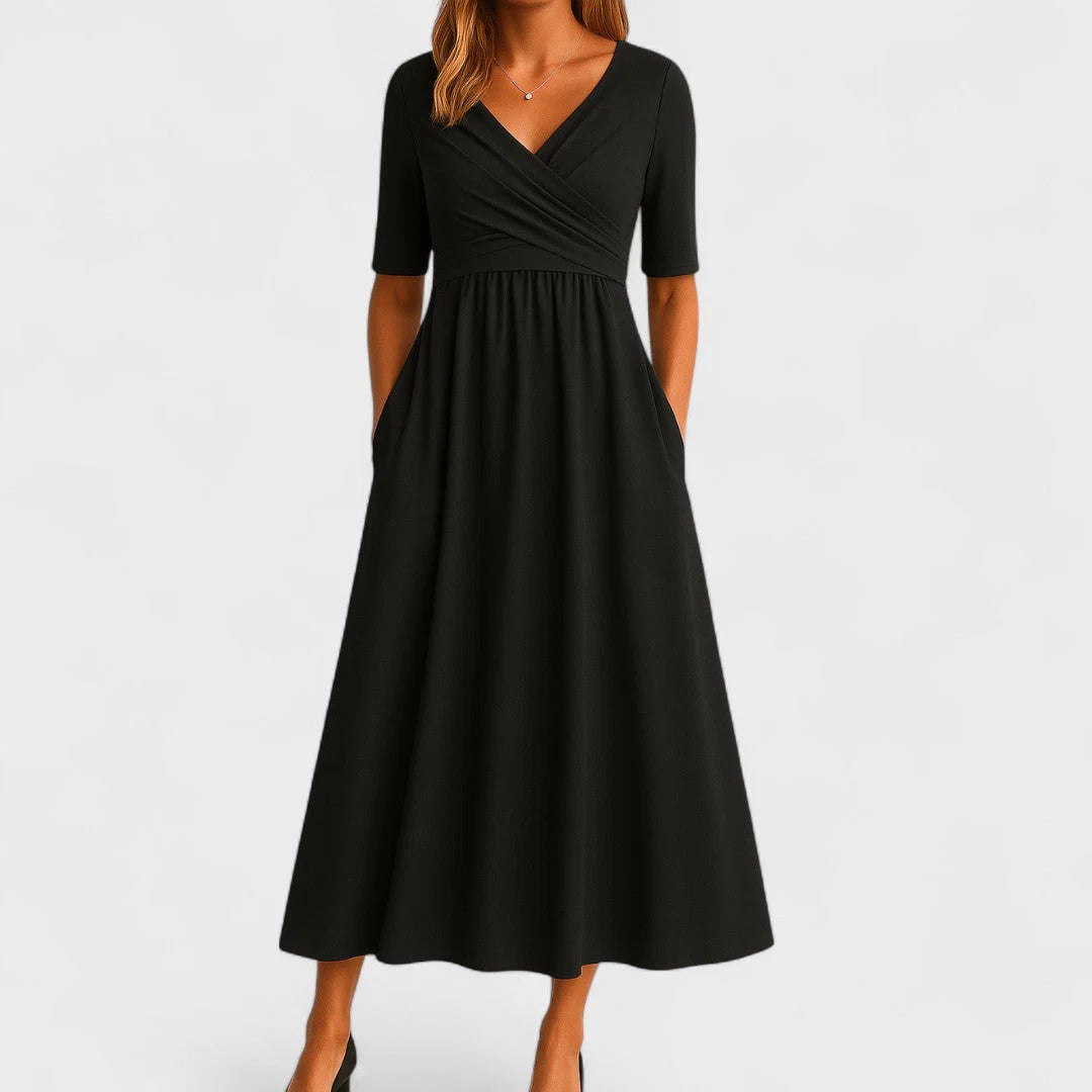 V-Neck Midi Dress with Pleated Waist Detail and Short Sleeves