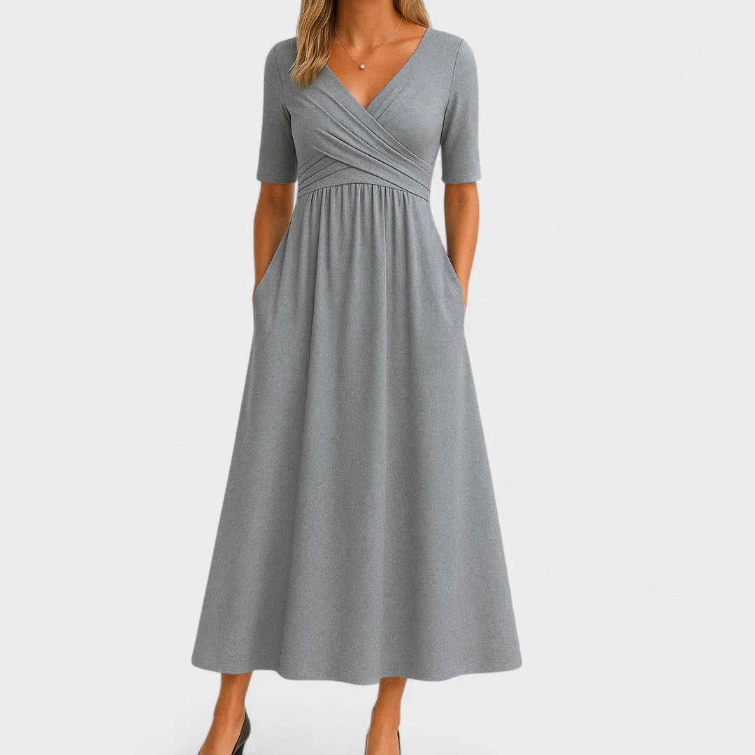 V-Neck Midi Dress with Pleated Waist Detail and Short Sleeves