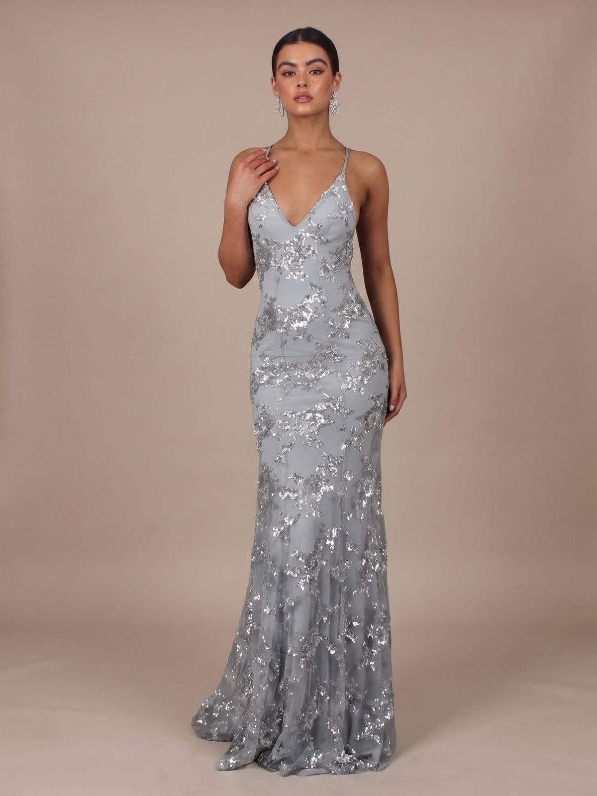 V-Neck Sequin Maxi Dress with Open Back and Criss-Cross Straps