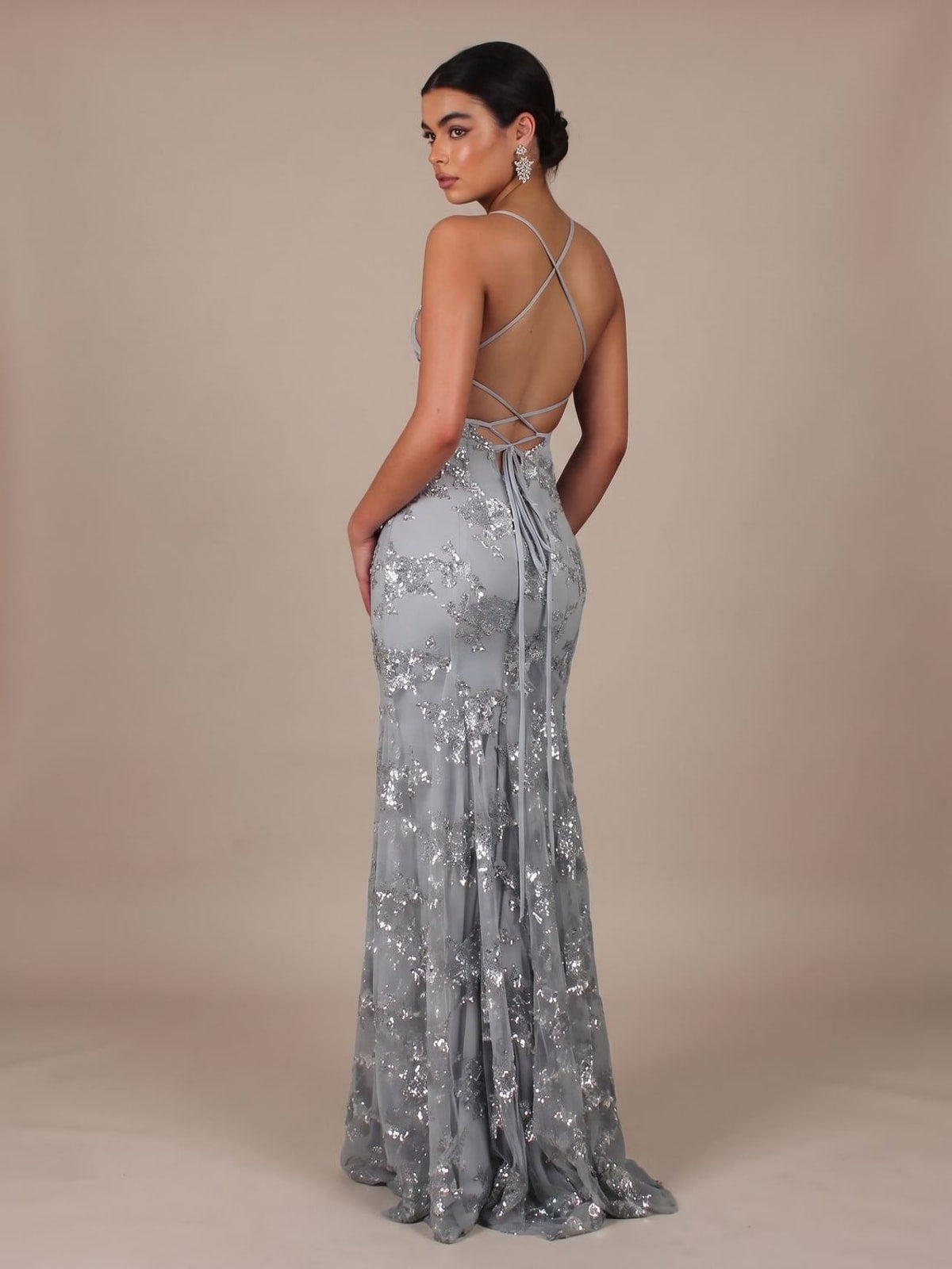 V-Neck Sequin Maxi Dress with Open Back and Criss-Cross Straps