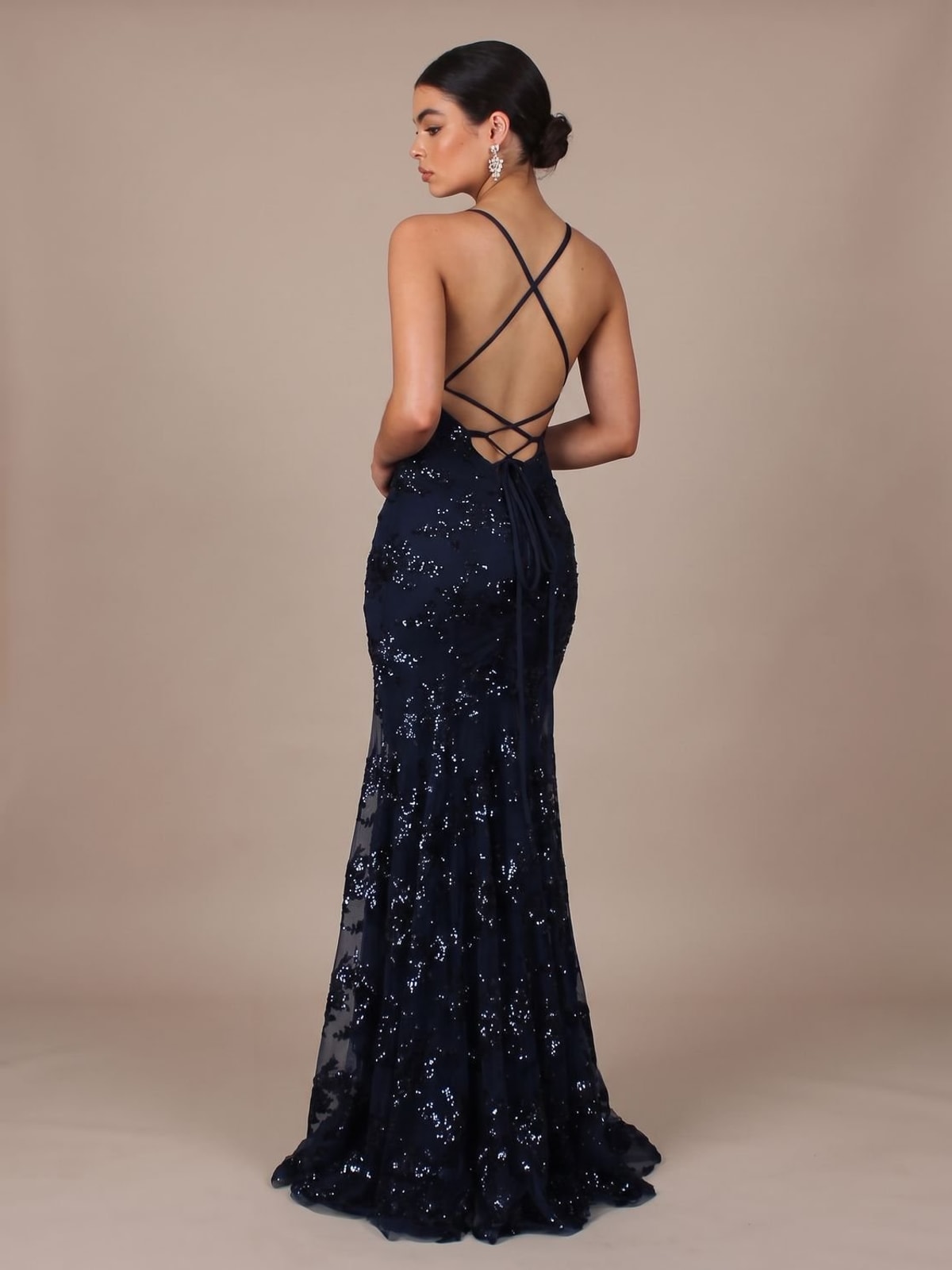 V-Neck Sequin Maxi Dress with Open Back and Criss-Cross Straps