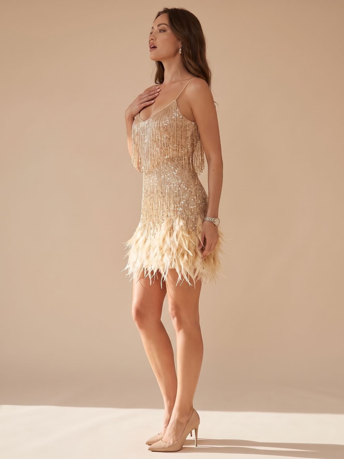 V-Neck Sequin Mini Dress with Fringe Detail and Feather Hem